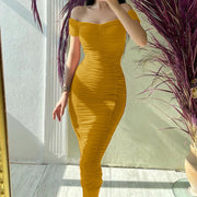 Elegant Pleated Bodycon Formal Dress Women's Off Shoulder Solid Color Gathered Slim Sexy Dress Women Girls Slim Birthday Dresses
