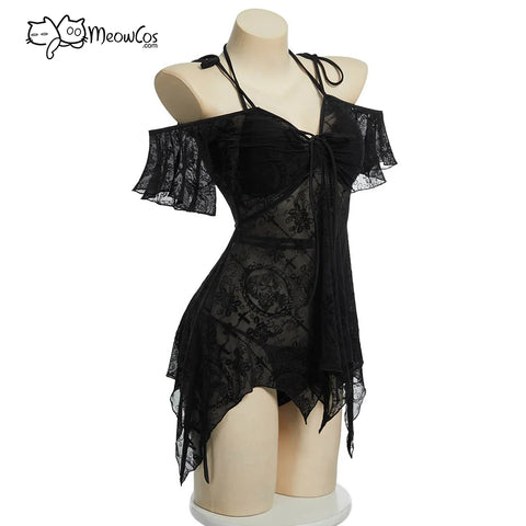 MEOWCOS Goth Bikini Flocking Design Swimsuit Dark Style Gothic Bathing Suit with Cover Up