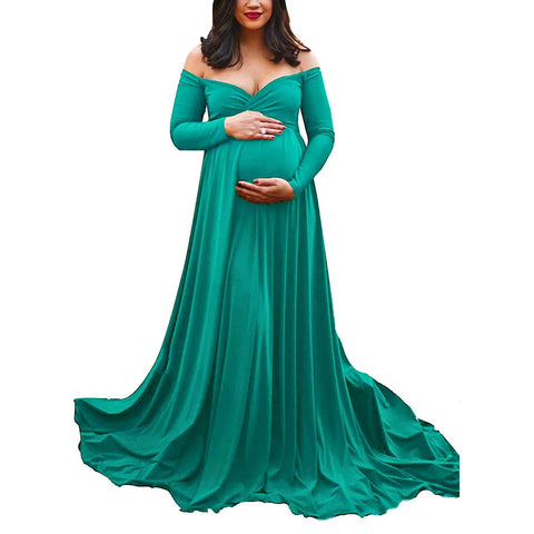 Womens Maternity Dress Sexy Off Shoulders Long Sleeve Photography Pregnants Dresses Solid Color Princess Dress Photo Props