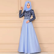 Ethnic Style Muslim Maxi Robe Women Lace Spliced Long Sleeved Elegant Temperamental High Waist Saudi Arabia Muslim Maxi Dress