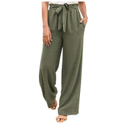 Summer Cargo Pants Women Plus Size High Waisted Tied Belt Palazzo Pants Baggy Flowy Beach Pants With Pockets Women's Pants