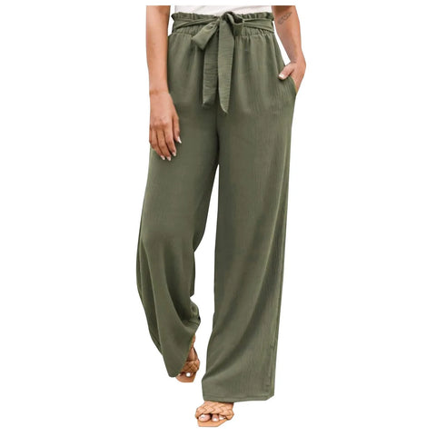 Summer Cargo Pants Women Plus Size High Waisted Tied Belt Palazzo Pants Baggy Flowy Beach Pants With Pockets Women's Pants