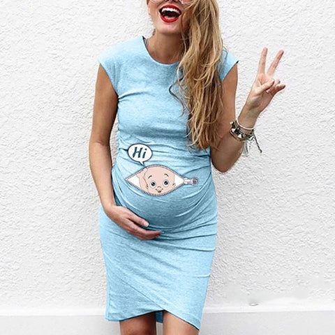 Summer Maternity Cartoon Baby Funny Print Dress, Casual Stretchy Short Sleeve Crew Neck Slim Fit Bodycon Long T-shirts