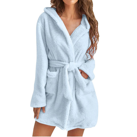 Soid Color Warm Winter Robes For Ladies 2022 Plush Pajamas Robes with Belt Women Hooded Homewear Bathrobe Sleepwear Women