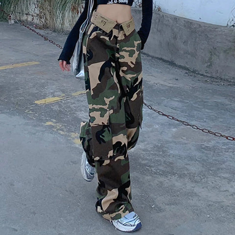 Jeans Women Camouflage Printed High Waist Grunge Floor Length Denim Trousers Double Layer Baggy Parachute Aesthetic Cargo Pants