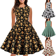 Retro Floral Print Summer Dress For Women Elegant Swing Rockabilly Party Dresses Sleeveless Casual Swing Evening Midi Dress