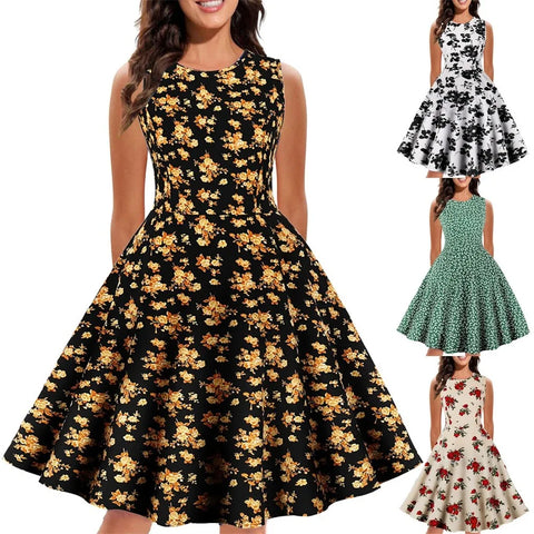Retro Floral Print Summer Dress For Women Elegant Swing Rockabilly Party Dresses Sleeveless Casual Swing Evening Midi Dress