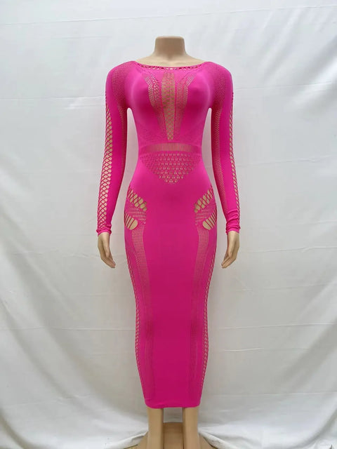 Women Full Sleeve Long Dress Mesh Hollow Out 2024 Fall O-neck Evening Vestidos Sexy Party Club Maxi Dresses Vestidos