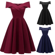 Women Solid Color Formal Dress Off Shoulder One Neck High Waist Dresses Evening Party Prom Bridesmsid Chiffon Dress Robe Femmes