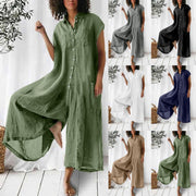 Elegant Casual Short Sleeve Women'S Jumpsuit Solid Colour Mid Length Cotton Linen Shirt Long Jumpsuits For Summer Plus Size