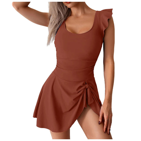 Women 1 Piece Swimdress Ruffle Sleeve Tie Knot Swim Dresses Slim Waist Bathing Ladies Solid-Color Separate Beach Wear Bikini