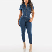Womens' Jeans Button Tight Fit Fitting Casual Distressed Pants Jumpsuits Short Sleeves Jumpsuit Slim-Fit Long Trousers Mujer