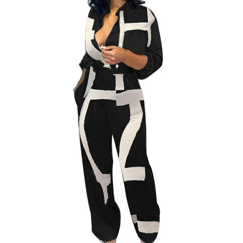 Women's Sexy Cardigan Shirt Neck Tie Long Sleeve Plus Size Jumpsuit Casual One Piece Pants Newspaper Print Harajuku Jumpsuit