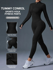 Half Zip Jumpsuit Women Gym Bodysuit Long Sleeve Activewear Set Running Workout Romper Fitness Overalls Sportswear Yoga Clothes