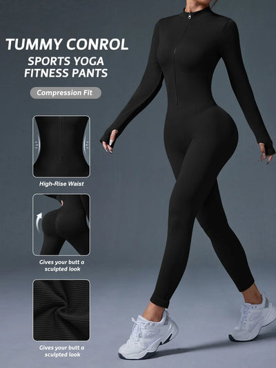 Half Zip Jumpsuit Women Gym Bodysuit Long Sleeve Activewear Set Running Workout Romper Fitness Overalls Sportswear Yoga Clothes
