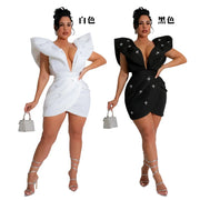 Women V-neck Petal Sleeveless Mini Dress Diamonds Ruched Bodycon Dresses Sexy Night Party Vestidos Fashion Evening