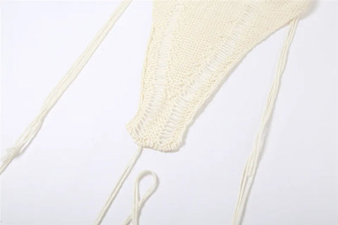 Echoine Irregular RibbonStrapless Crop Top and Mini Skirt Summer Knit Hollow Out See Through Matching Set  Two Piece Set Outfits