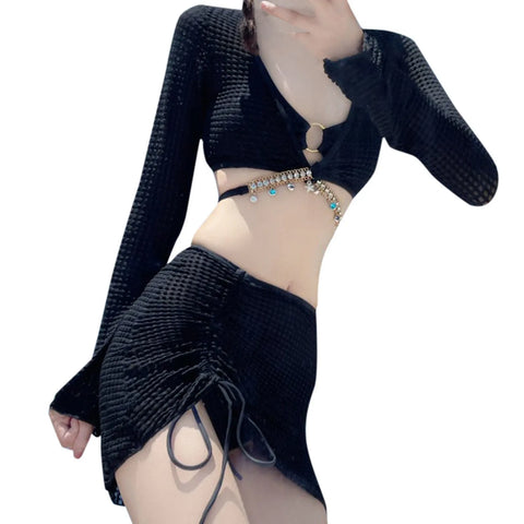 Women's Solid Color Bikini Set Long Sleeve Metal Tassel Coverups Mid Waist Drawstring Beachwear Sexy Fashionable Bikini Set