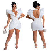 Women V-neck Petal Sleeveless Mini Dress Diamonds Ruched Bodycon Dresses Sexy Night Party Vestidos Fashion Evening