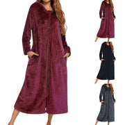 Winter Long Fleece Bathrobes Sleepwear Women's New Solid Color Zipper Bath Robe Dressing Gown Autumn Warm Hooded Home Wear