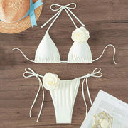 Halter 3D Rose Flower Decor Brazilian Bikini Women Sexy Low Waist Lace Up Split Two Pieces Swimwear Female Bathing Suits Swim