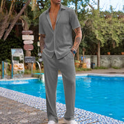 Loose Casual Set Mens Two Piece Outfit Solid Color Short Sleeve Shirts Long Pants Spring And Autumn Fashion Casual Clothes