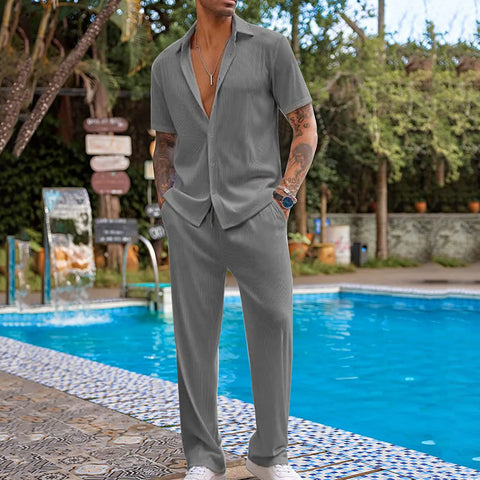 Loose Casual Set Mens Two Piece Outfit Solid Color Short Sleeve Shirts Long Pants Spring And Autumn Fashion Casual Clothes