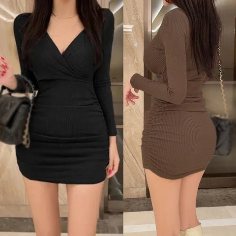 Long Sleeved Sexy Dress Women Clothing Autumn Winter Tight Fitting Skirt Appear Thin Wrap Buttocks Dresses