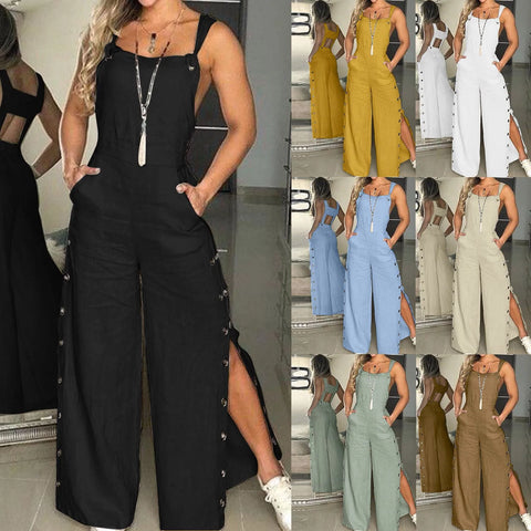 Women's Summer Sleeveless Cotton Linen Playsuits Strappy Side Button Opening Overalls Loose Long Wide Leg Pants Female Jumpsuits