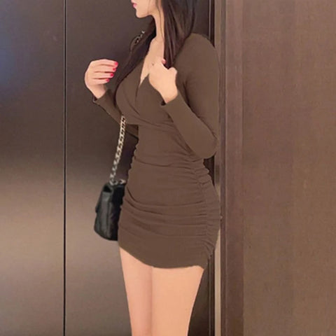 Long Sleeved Sexy Dress Women Clothing Autumn Winter Tight Fitting Skirt Appear Thin Wrap Buttocks Dresses