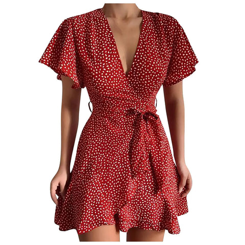 Women'S A-Line Dress V Neck Ruffled Waistband Wrapped With Printed Casual Dress Female Vintage Printing Casual Beach Dresses