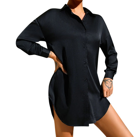 2024 Spring Summer Women'S Shirts Office Lady Blouse Ice Silk Pajamas Button Up Long Sleeve Shirts Women Black White Tee Shirts