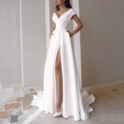 Lady V-Neck Wedding Dress Women Simple Solid White Wedding Evening Dress Elegant Floor Dress Bridal Gowns With Pockets Robes
