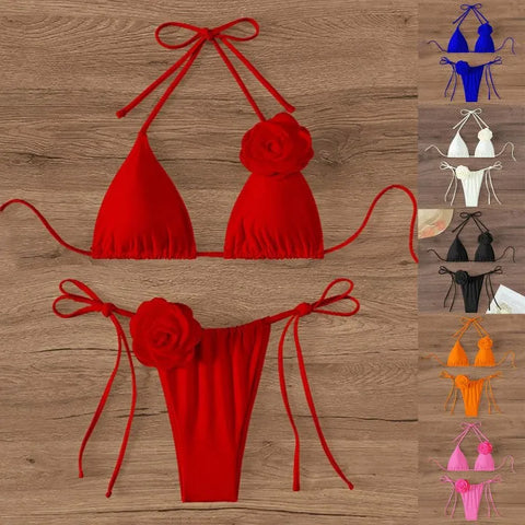 Halter 3D Rose Flower Decor Brazilian Bikini Women Sexy Low Waist Lace Up Split Two Pieces Swimwear Female Bathing Suits Swim