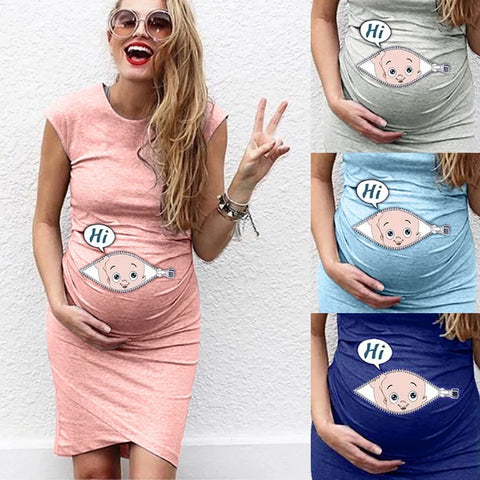 Summer Maternity Cartoon Baby Funny Print Dress, Casual Stretchy Short Sleeve Crew Neck Slim Fit Bodycon Long T-shirts