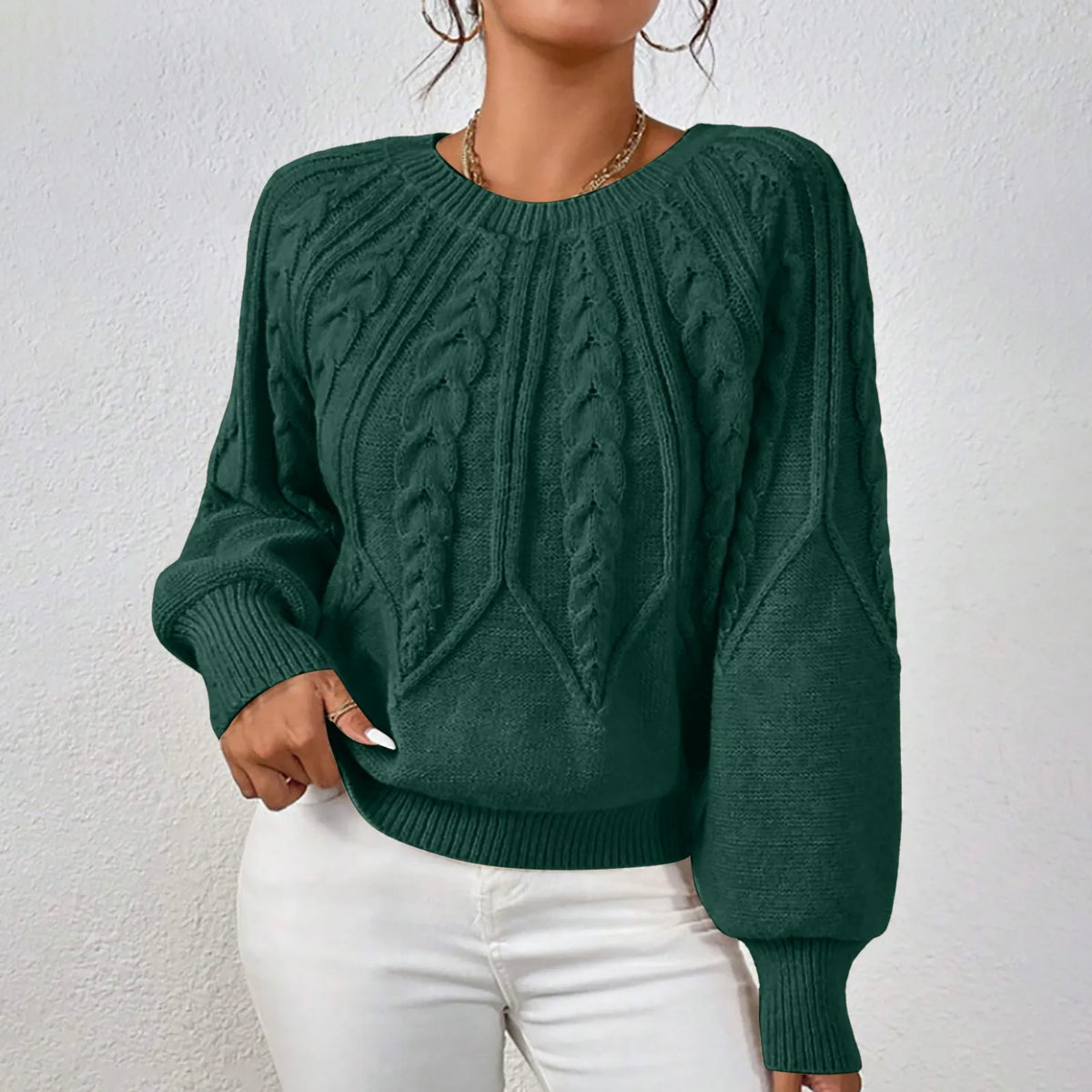 Cable Knit Puff Sleeve Crewneck Sweater – view 12 of 20