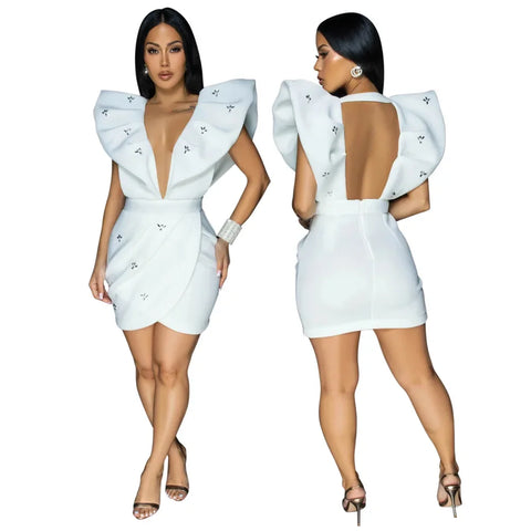 Women V-neck Petal Sleeveless Mini Dress Diamonds Ruched Bodycon Dresses Sexy Night Party Vestidos Fashion Evening