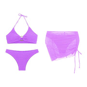 Bikini Women'S Sexy Solid 3 Piece Bathing Suit Seductive Hollow Buckle Biquini With Adjustable Drawstring For Womens купальники