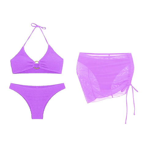 Bikini Women'S Sexy Solid 3 Piece Bathing Suit Seductive Hollow Buckle Biquini With Adjustable Drawstring For Womens купальники