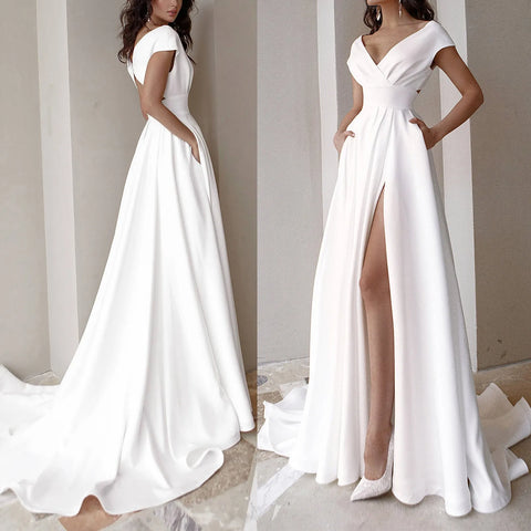 Lady V-Neck Wedding Dress Women Simple Solid White Wedding Evening Dress Elegant Floor Dress Bridal Gowns With Pockets Robes