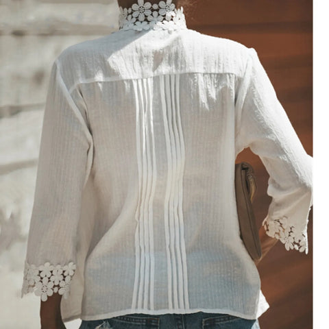 2022 Spring Summer Casual Blouse Women Top And Blouse Lace Crochet Half Sleeve Shirts Elegant Ladies V-Neck Loose Boho Blouse