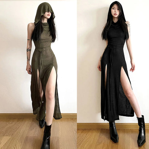 Trendy Hooded Sleeveless Long Dress Korean Style Ladies Lace Up Bodycon Sexy Split Dress Gothic Hip Hop Grunge Maxi Dress