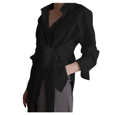 Women's Spring Shirts New Chic Comfortable Casual Temperament Loose Tie Waist Shirt Office Business Commuting Pure Color Blouse