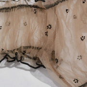 Women Sexy Strapless Sleepwear Two Piece Set One Shoulder Neckline Tulle Bowknot Lace Underwear High Waist Side Ties Thong Set