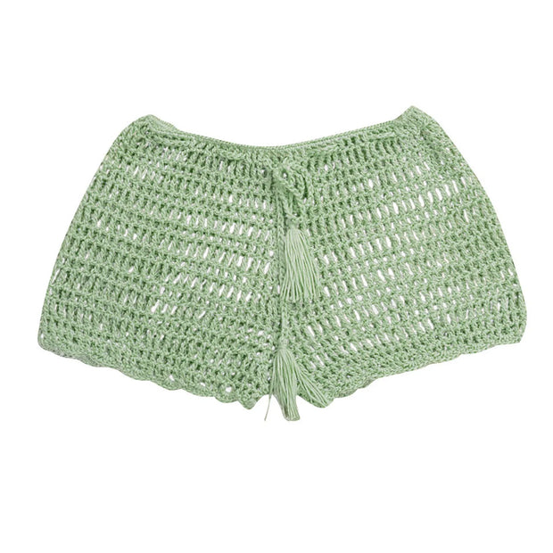 Women's Summer Solid Color Handwoven Crochet Bikini  Shorts Beach Swimming Pants Stretchable Strap Hollow Flat Corner Pants