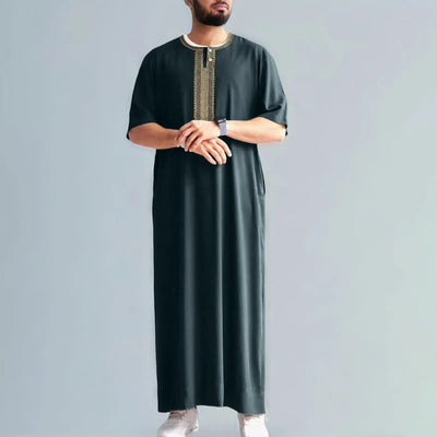 Middle East Vintage Muslim Mid Sleeve Embroidered Ethnic Moroccan Men'S Robe Side Pockets Kameez Dubai Muslim Man‘S Clothing