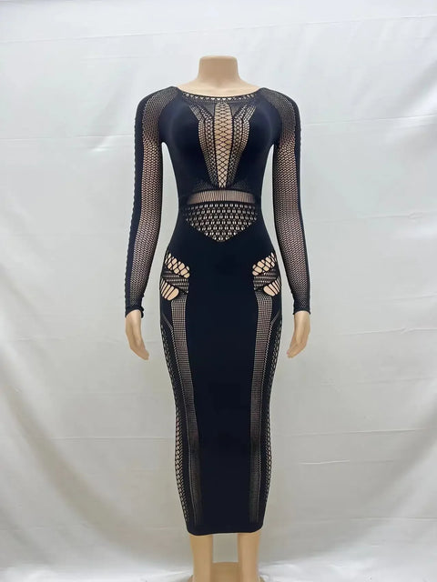 Women Full Sleeve Long Dress Mesh Hollow Out 2024 Fall O-neck Evening Vestidos Sexy Party Club Maxi Dresses Vestidos