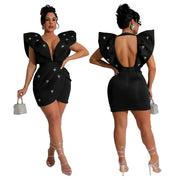 Women V-neck Petal Sleeveless Mini Dress Diamonds Ruched Bodycon Dresses Sexy Night Party Vestidos Fashion Evening