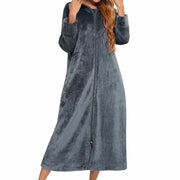 Winter Long Fleece Bathrobes Sleepwear Women's New Solid Color Zipper Bath Robe Dressing Gown Autumn Warm Hooded Home Wear