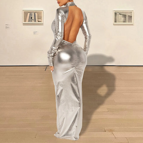 Vintage Faux Leather Evening Dresses Ladies Fashion Leisure Shiny Leather Bodycon Long Dresses Sexy Backless Club Party Dresses